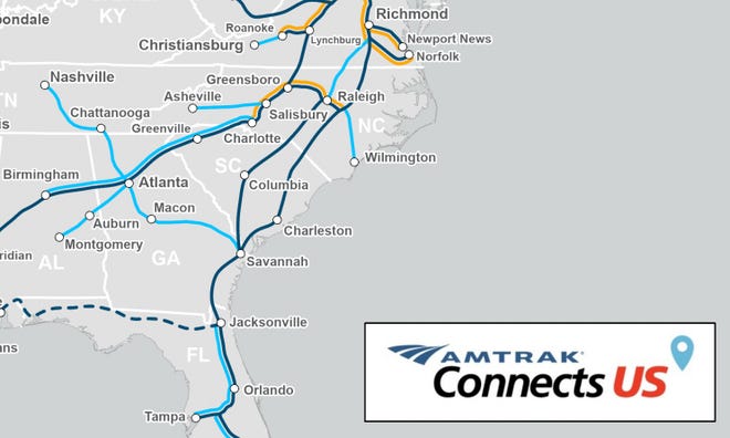 A map shows Amtrak's  plans in the Southeast, including a new line from Asheville to Salisbury as part of an $80 billion expansion and repair plan included in President Joe Biden's American Jobs Plan.