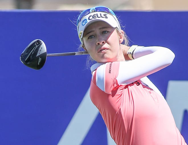 Nelly Korda tees off on the 1st hole during the ANA Inspiration at Mission Hills Country Club in Rancho Mirage, April 2, 2021.