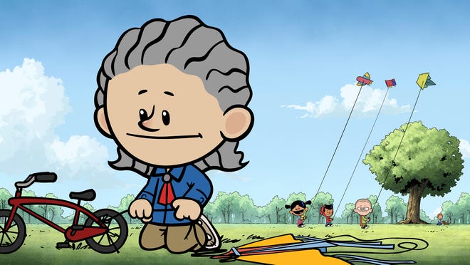 This image released by PBS Kids shows an animated Temple Grandin, foreground, as other characters Yadina, from background left, Xavier and Brad fly kites in a scene from “Xavier Riddle and the Secret Museum."