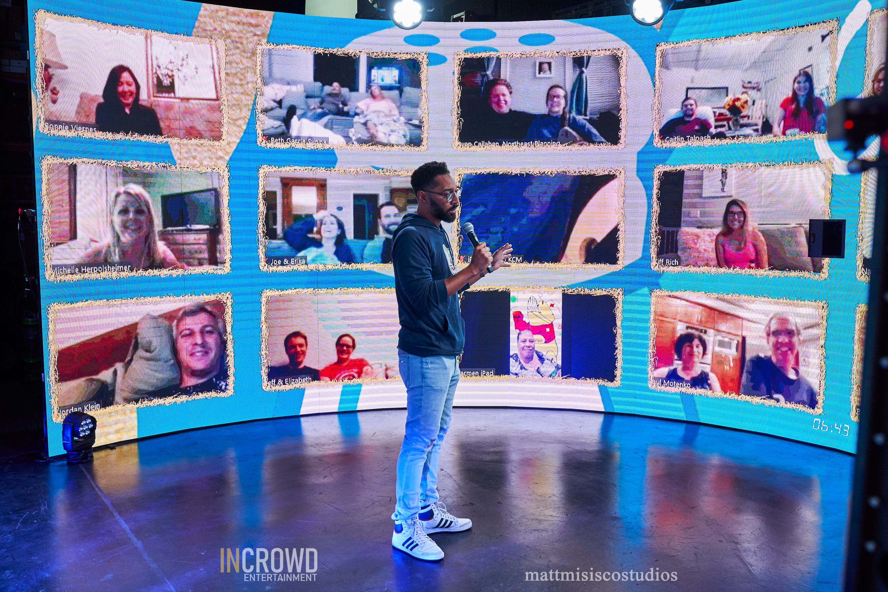 Actor and comedian Tone Bell performs during the Cystic Fibrosis Foundation Comedy Fundraiser on Oct. 16, 2020, from InCrowd's production stage in Los Angeles. Viewers paid to get their Zoom feeds on the giant video wall.