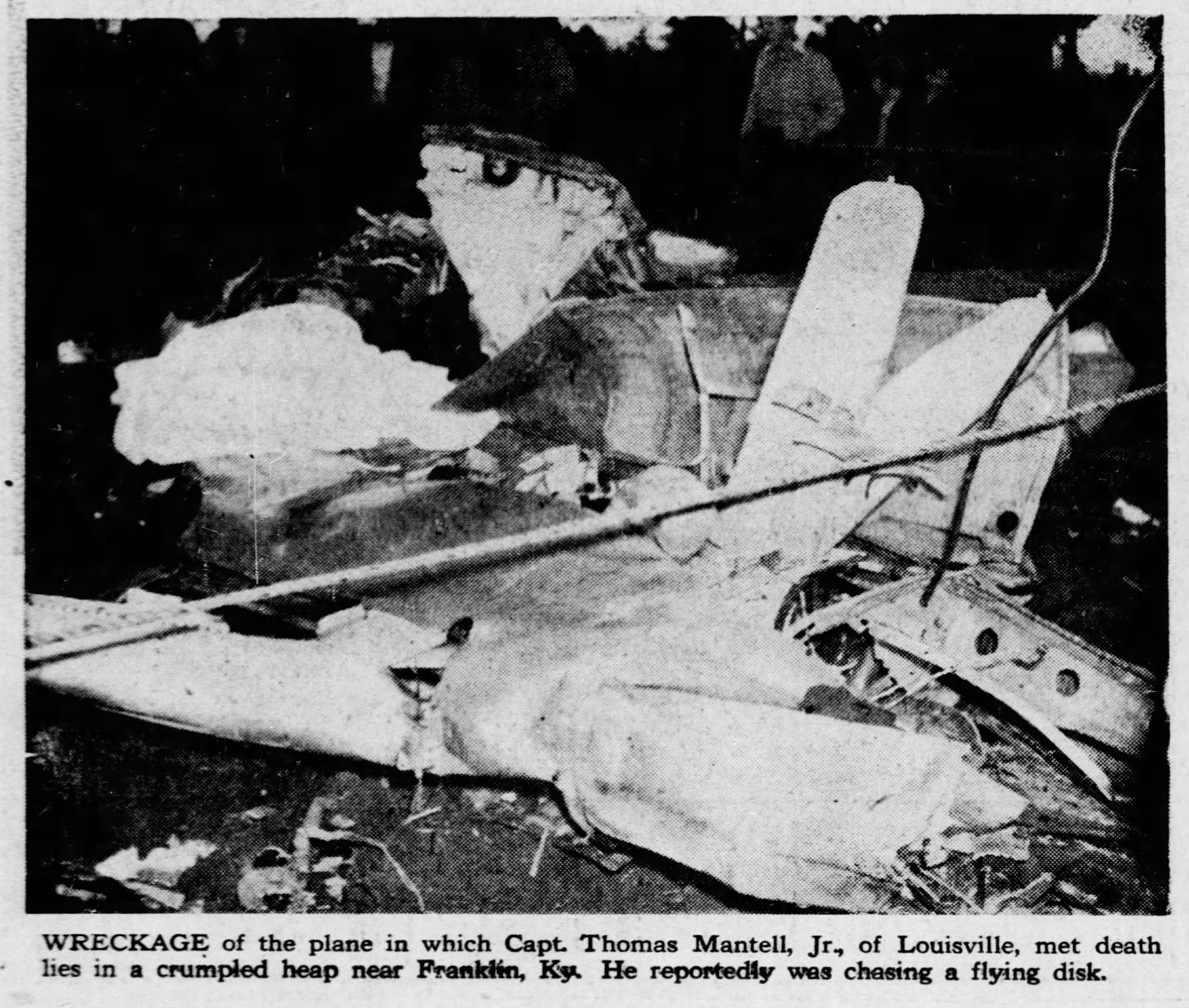 A Courier Journal archive photo depicts wreckage of the plane in which Capt. Thomas Mantell crashed and died. Jan. 9, 1948