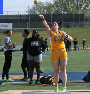 Angelo State University's Mia Van Oudsthoorn competes in the shot put during the David Noble Relays at LeGrand Stadium at 1st Community Credit Union Field on Friday, April 2, 2021.