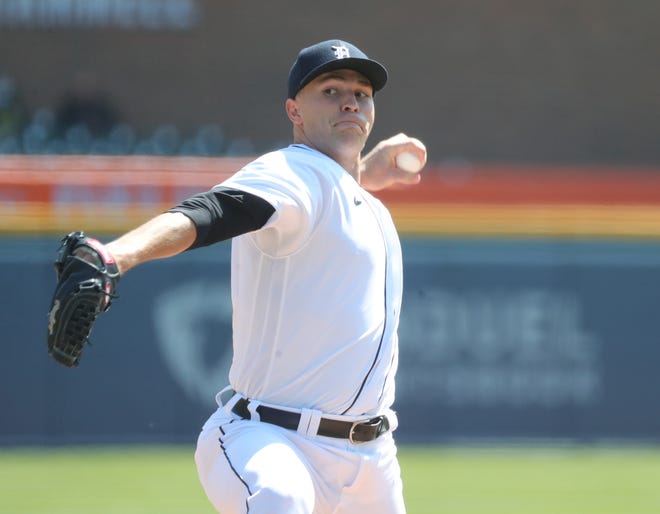Detroit Tigers starting pitcher Tarik Skubal pitches against the Cleveland Indians during the first inning Sunday, April 4, 2021 at Comerica Park.
