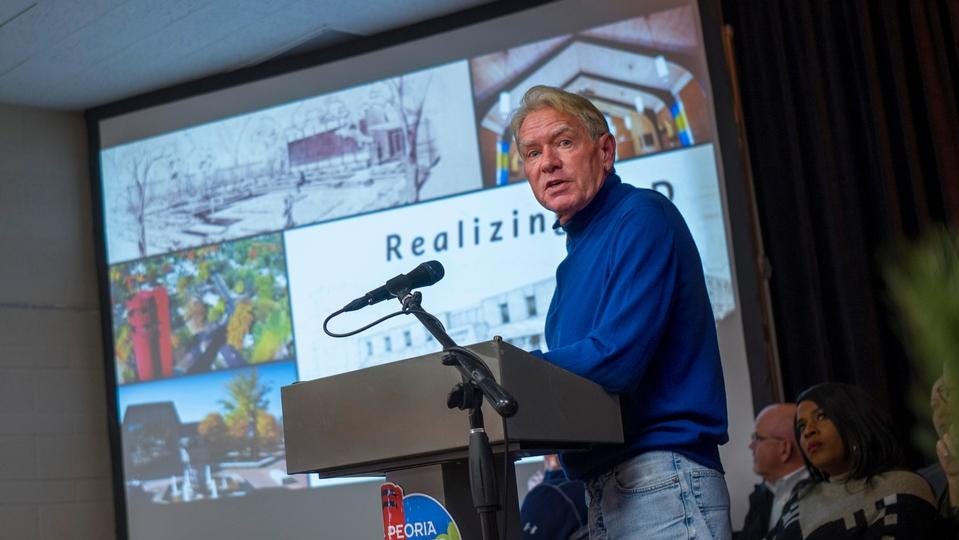 In this Dec. 14, 2018 photo, Kim Blickenstaff announces multiple projects in Peoria Heights, including the Grayboy Lofts, a $14 million development of residential lofts and specialty retail stores. The Subway at 4410 N. Prospect Road, Peoria Heights, is moving to Peoria to make way for the loft project.