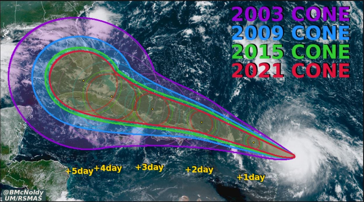 National Hurricane Center has modified forecast cone but to what end?