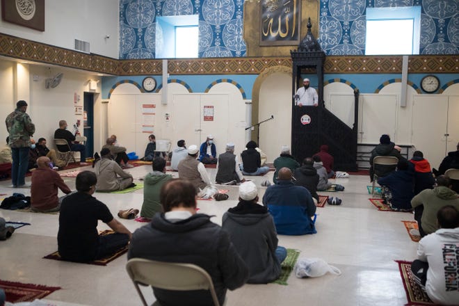 Imam Hadi Shehata leads Friday prayers Friday, April 2, 2021, at Masjid Ibrahim mosque in Newark. 