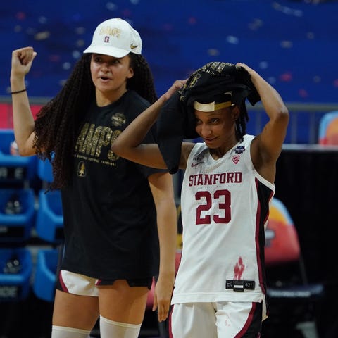 Stanford guard Kiana Williams (23) and Haley Jones