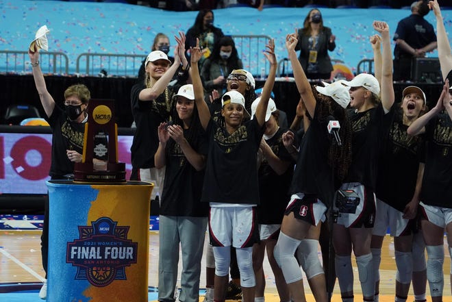 Stanford Cardinal players celebrate after winning the national championship.
