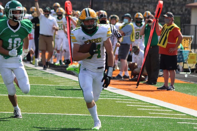 Geneseo’s Bruce Moore rushed 44 times for a total of 214 yards and scored three touchdowns in the second half of Monday’s game against Alleman when Geneseo beat the Pioneers 32-21.