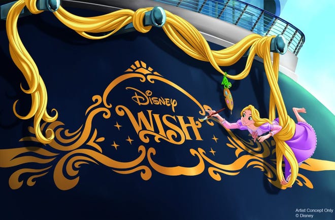 Δείτε το πίσω μέρος του Disney Wish.  Η Ραπουνζέλ επιλέχθηκε καθώς η Πριγκίπισσα της Ντίσνεϋ φαίνεται να ζωγραφίζει το όνομα στο πλοίο.