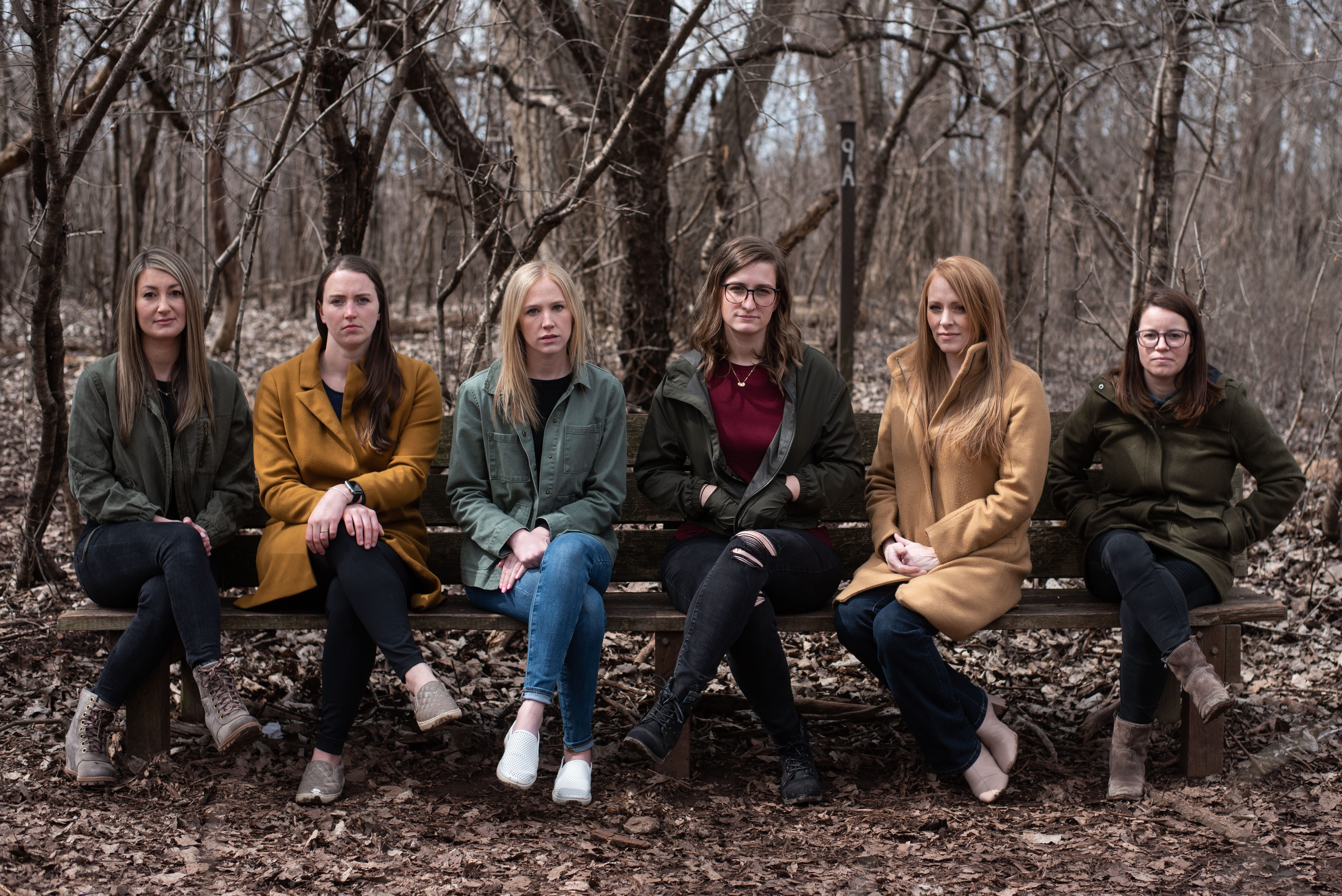 More than 16 women across the country have alleged Wayne Aarum's physical and verbal behavior toward them at either The Chapel or Circle C Ranch from the late 1990s onward was inappropriate and abusive. Six of them were photographed together in Buffalo on April 3, 2021. From left are Ashley Scibilia, Rachel Horvath, Jessica Spiesz, Carolyn McDonald, Joy McCullough and Michelle Poulsen.