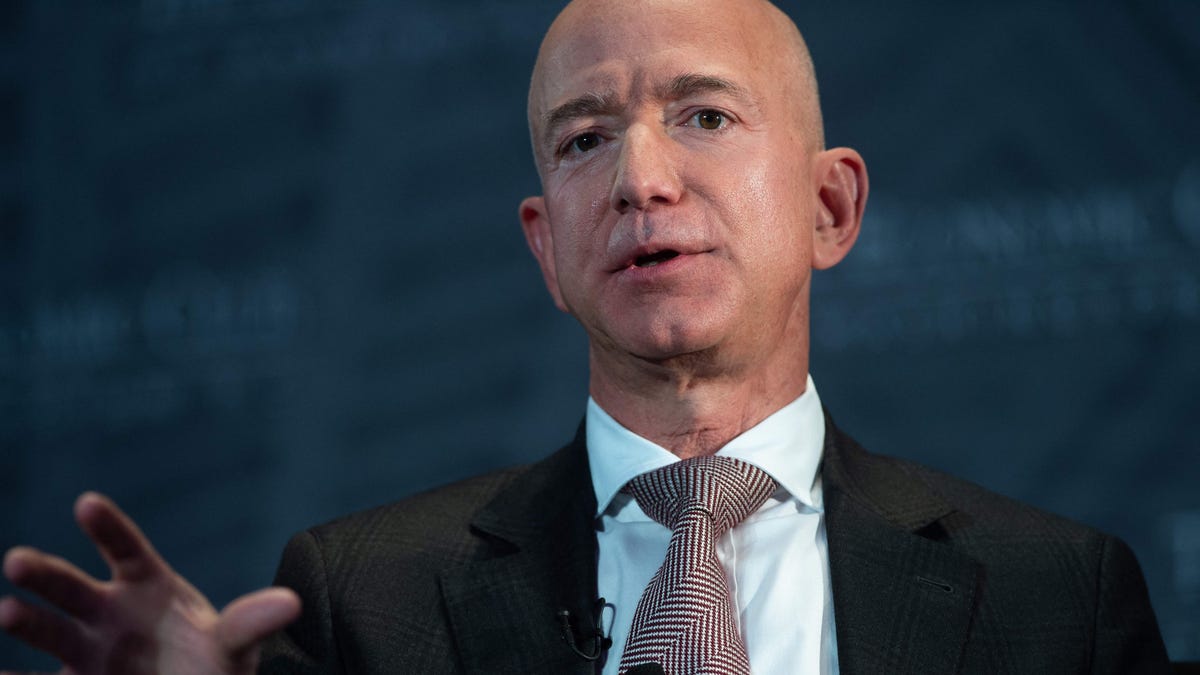 In this file photo taken on September 13, 2018 Jeff Bezos, founder and CEO of Amazon, speaks during the Economic Club of Washington's Milestone Celebration event in Washington, DC. - Amazon said Tuesday, April 6, it supports President Joe Biden's proposal for a higher corporate tax to fund infrastructure improvements, saying it should be part of a "balanced solution that maintains or enhances US competitiveness."