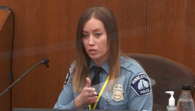 In this image from video Minneapolis Police Officer Nicole Mackenzie testifies as Hennepin County Judge PeterÂ Cahill presides Tuesday, April 6, 2021, in the trial of former Minneapolis police Officer Derek Chauvin at the Hennepin County Courthouse in Minneapolis.