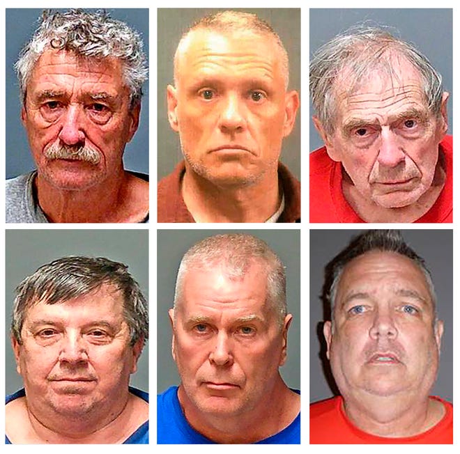 This combo of undated handout booking photo provided by the New Hampshire Attorney General's office shows, from top row left, Bradley Asbury, Jeffrey Buskey and Frank Davis; bottom row from left, Lucien Poulette, James Woodlock and Stephen Murphy. The six men were arrested Wednesday, April 7, 2021, in connection with sexual abuse allegations at New Hampshire's state-run youth detention center, the attorney general's office said.