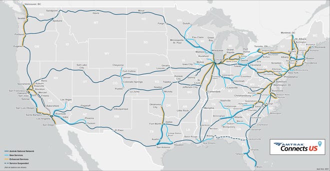 A map showing proposed passenger rail service extensions from Amtrak under President Biden's infrastructure plan. If Amtrak's proposal were to become a reality, Knoxville would be the only major city in Tennessee that did not have passenger rail service.