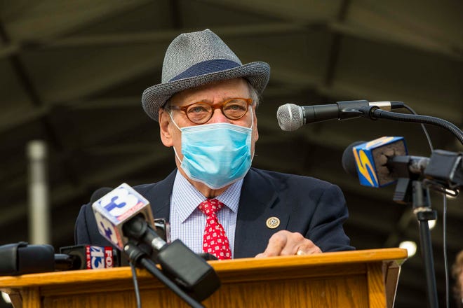 Congressman Steve Cohen speaks to the press near the Pipkin Building at the fairgrounds for the new FEMA Vaccination Center in Memphis on Wednesday, April 7, 2021.