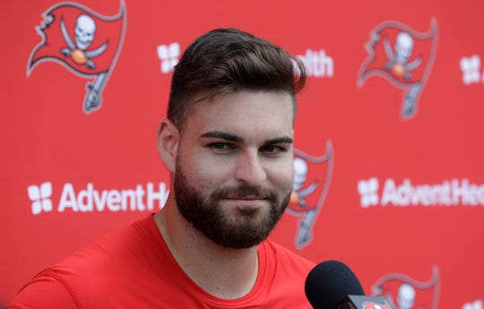 Tampa Bay Buccaneers quarterback Vincent Testaverde Jr., during a Buccaneers NFL football rookie mini camp Friday, May 10, 2019, in Tampa, Fla. (AP Photo/Chris O'Meara)