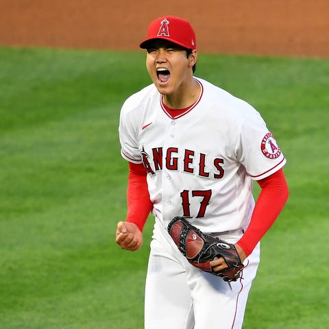 April 4: Angels starting pitcher Shohei Ohtani rea