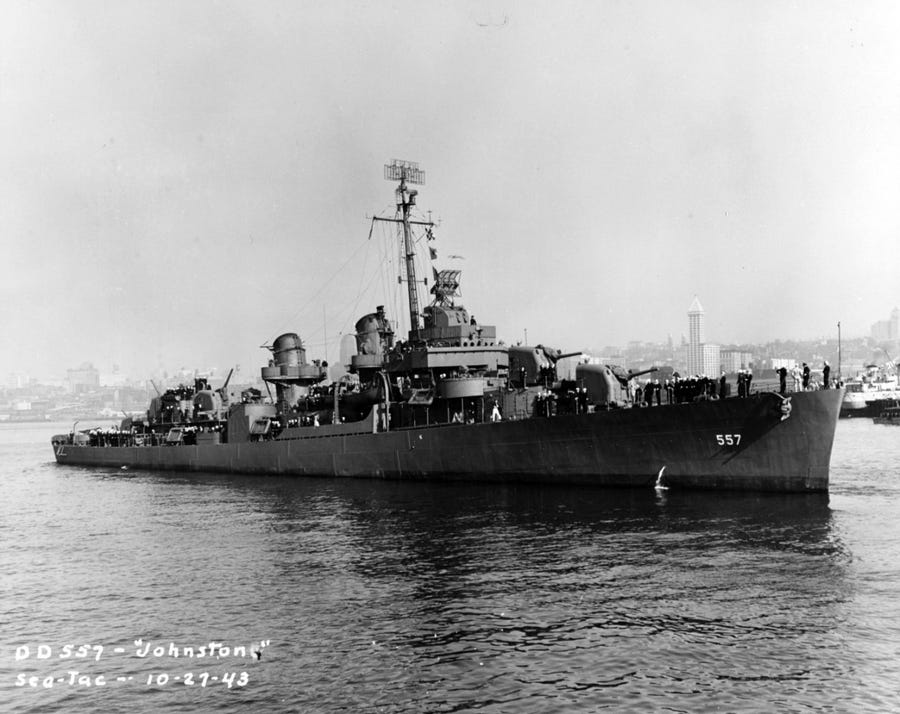 USS Johnston off Seattle, Washington,  27 October 1943 a year before it sank in October 1944.
