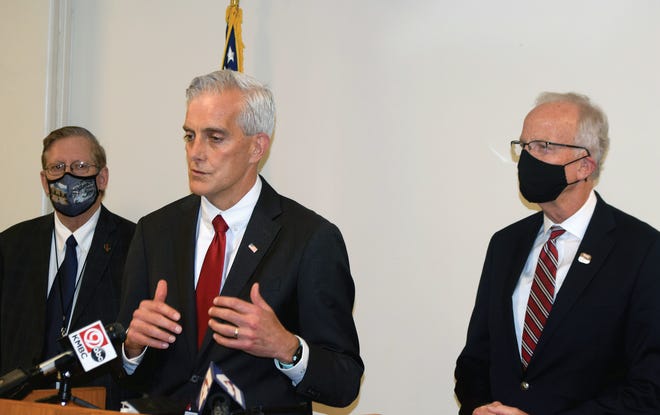 Denis McDonough, center, speaks Thursday during a visit to the Eisenhower VA Medical Center. McDonough is the secretary of the U.S. Department of Veterans Affairs. Also pictured are William Patterson, director of the VA Heartland Network, and U.S. Sen. Jerry Moran, R-Kansas.