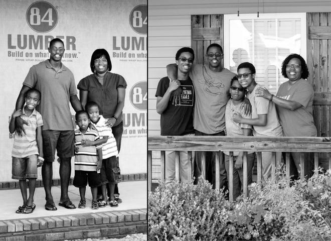 On the left is the Eppes family in 2011 outside their new home as it is being built. On the right, the family recreates the photo in early 2020.
