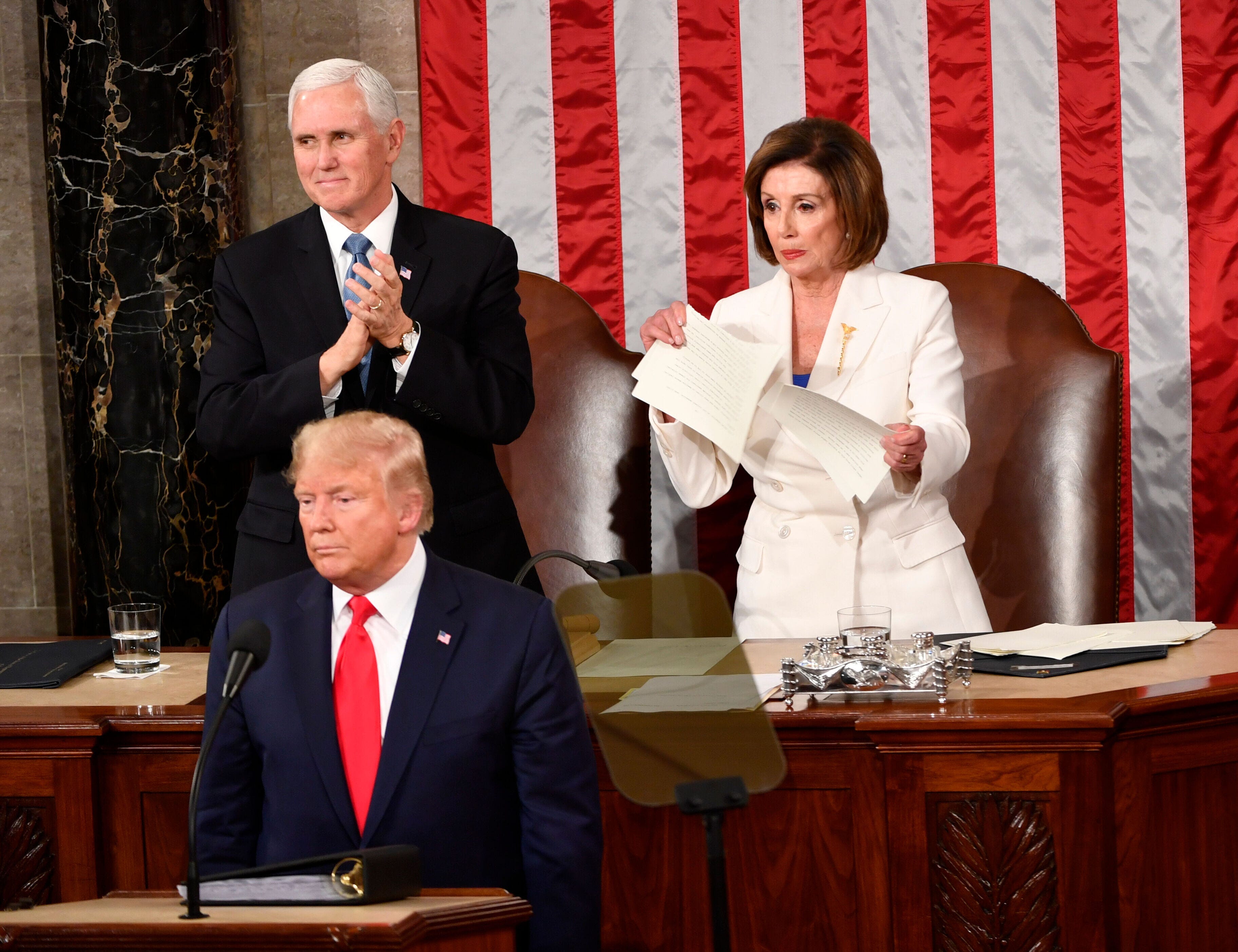 Speaker of the House Nancy Pelosi rips up the speech after President Donald J. Trump concludes delivering the State of the Union address from the House chamber of the United States Capitol in Washington on Feb 4, 2020.