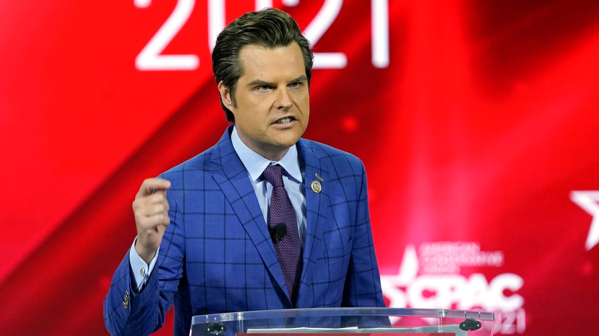 U.S. Rep. Matt Gaetz, R-Fla.,, speaks at the Conservative Political Action Conference (CPAC) Friday, Feb. 26, 2021, in Orlando, Fla. 