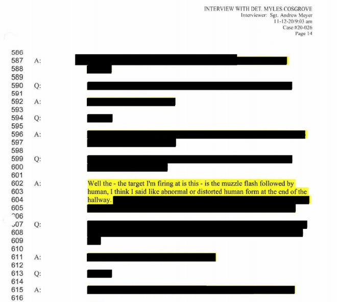 Out of 20 interviews conducted with involved officers and other witnesses, LMPD released only one page of all the interview transcripts. Of that page, all but one sentence was not redacted.