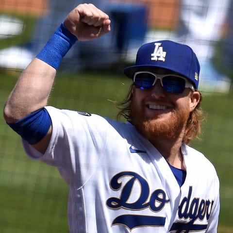 Justin Turner gestures during the Dodgers' World S