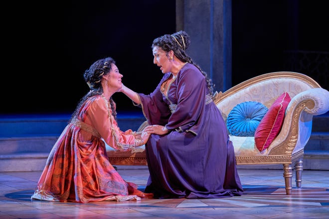 Lindsay Ohse as the maiden Belinda and Lisa Chavez as Dido in the Henry Purcell’s “Dido and Aeneas” at the Sarasota Opera.