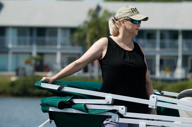 Riverside Conservancy Executive Director Kelli McGee speaks during a boat tour along the river shoreline in New Smyrna Beach, Friday, April 9, 2021.   