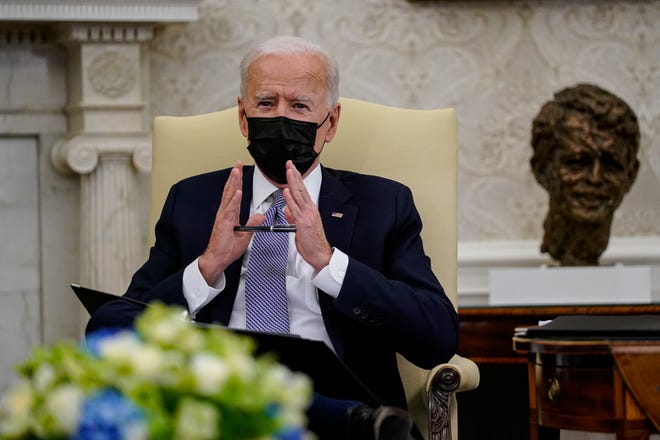 WASHINGTON, DC - APRIL 12: U.S. President Joe Biden meets with members of Congress in the Oval Office at the White House on April 12, 2021 in Washington, DC. President Biden and the bipartisan group of politicians discussed the American Jobs Plan, the administration's $2 trillion infrastructure proposal.