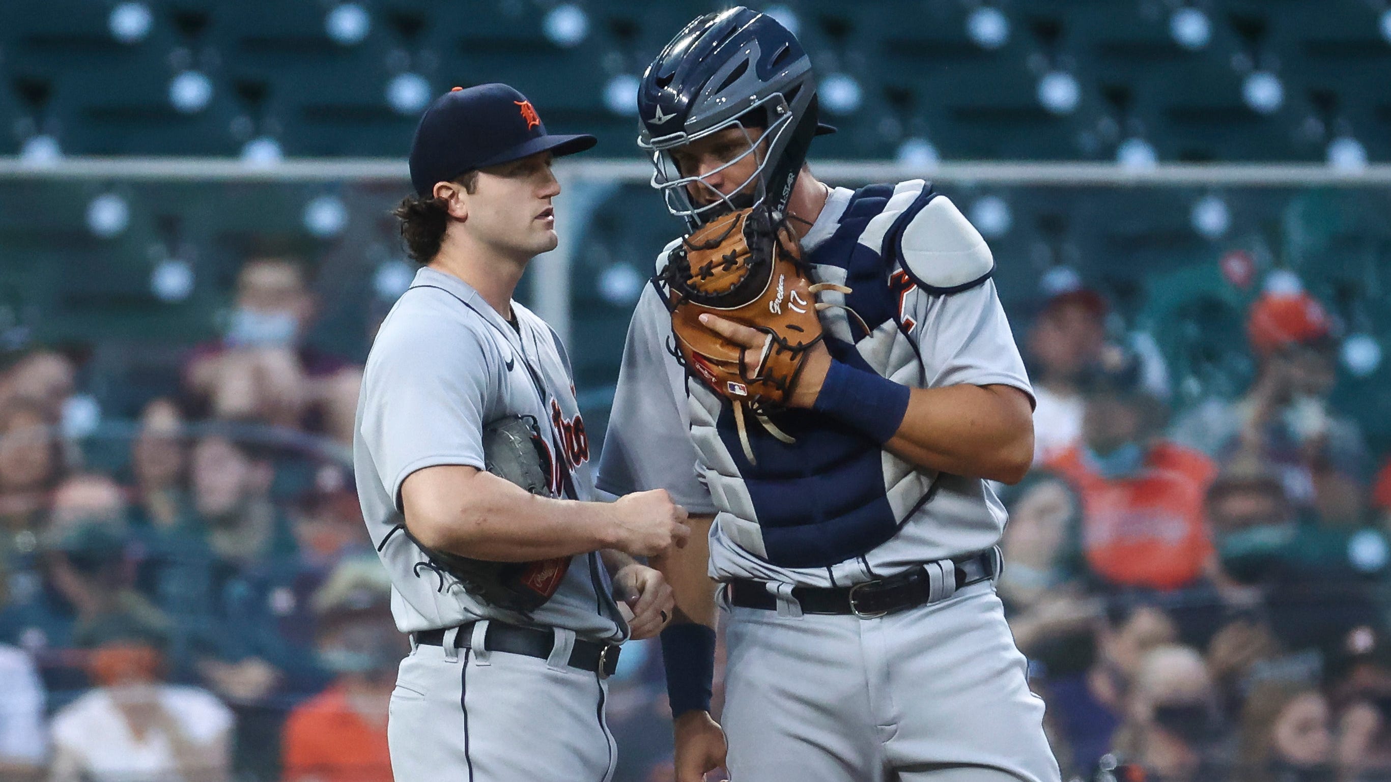 Detroit Tigers starting pitcher Casey Mize (12) and catcher Grayson Greiner (17) talk on the mound during the first inning against the Houston Astros April 12, 2021 at Minute Maid Park.