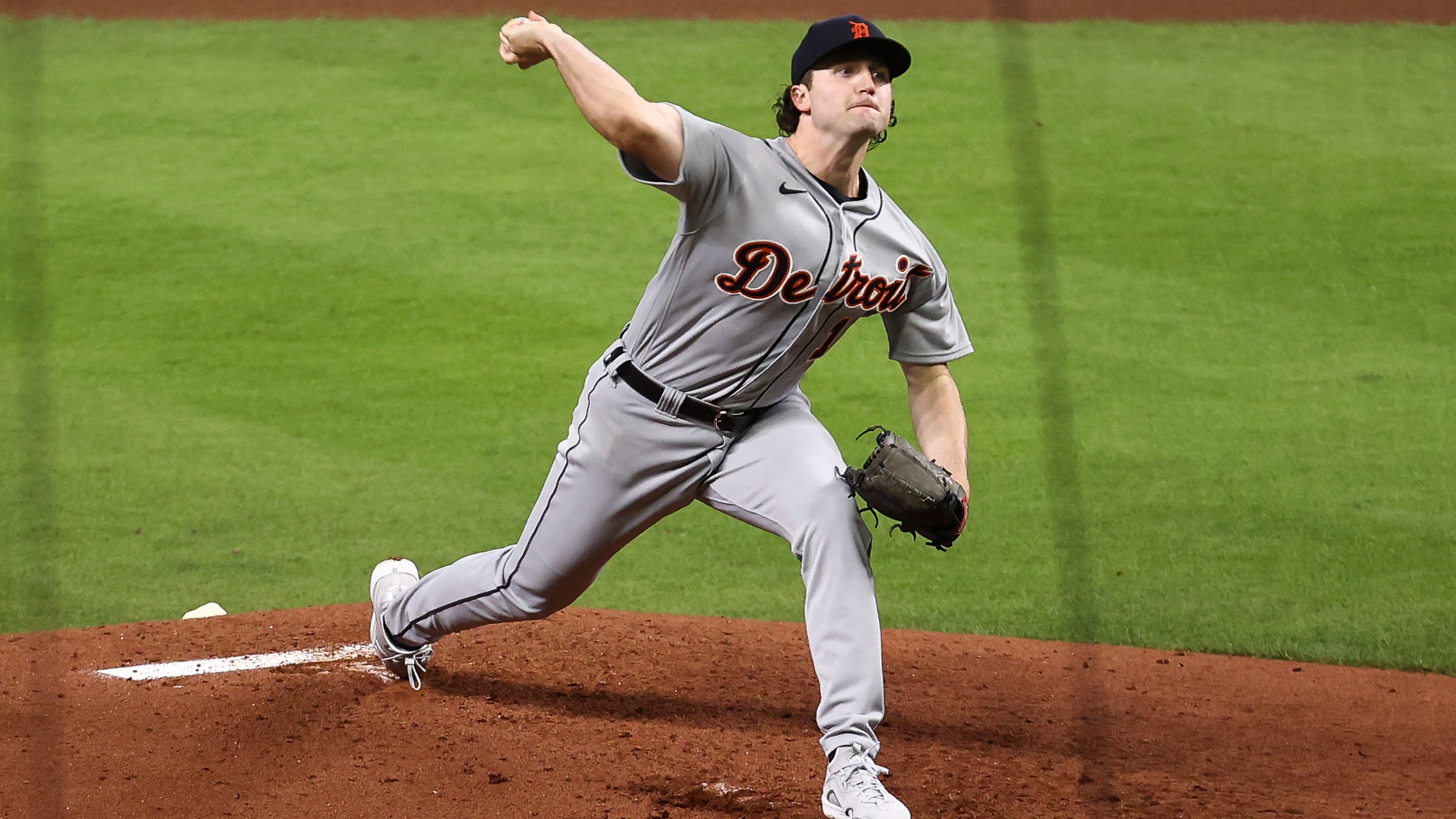 Detroit Tigers starting pitcher Casey Mize (12) delivers a pitch during the third inning against the Houston Astros April 12, 2021 at Minute Maid Park.