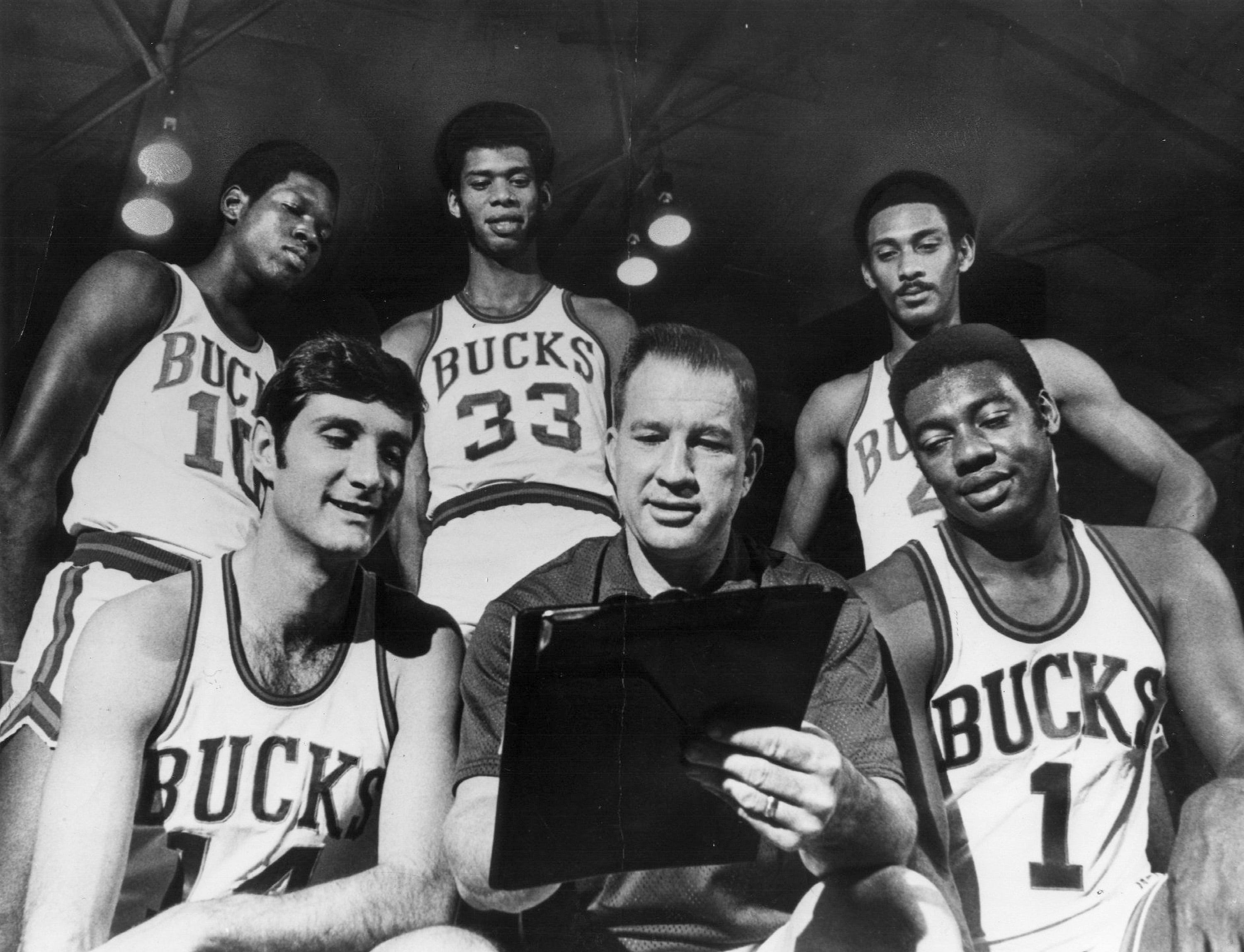 The 1970 Milwaukee Bucks, from left front row,  Jon McGlocklin, Larry Costello, Oscar Robertson, (standing from left) Bobby Dandridge, Lew Alcindor, Greg Smith.