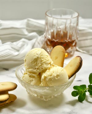 The custard base for Bourbon Ice Cream starts with the basics: rich, heavy cream, egg yolks, sugar, and vanilla paste.