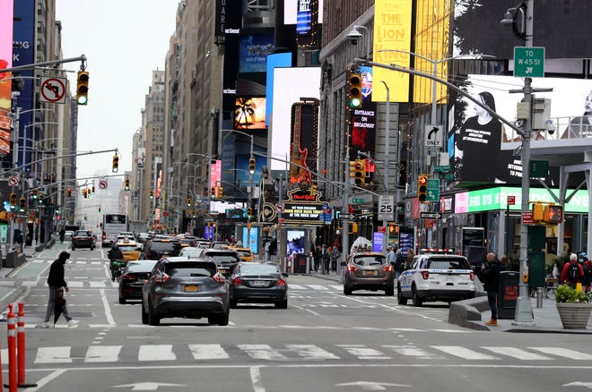 While Broadway theaters remain shuttered due to the COVID-19 pandemic, Times Square, photographed April 12, 2021, has more car and pedestrian traffic than it did when the COVID-19 restrictions went into place in March and April of 2020.