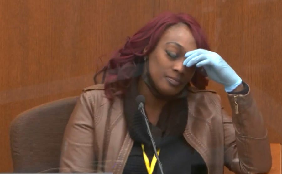 In this image from video, Shawanda Hill testifies as Hennepin County Judge Peter Cahill presides, Tuesday, April 13, 2021, in the trial of former Minneapolis police Officer Derek Chauvin at the Hennepin County Courthouse in Minneapolis, Minn.  Chauvin is charged in the May 25, 2020 death of George Floyd.