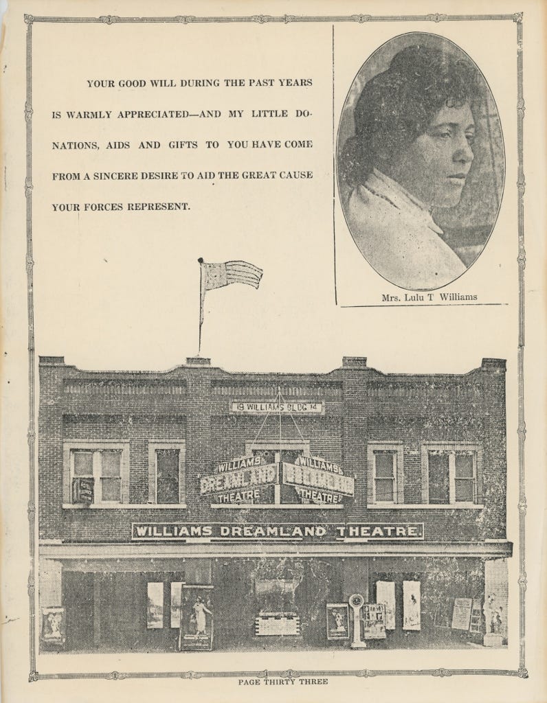 Page 33 torn from an original 1921 yearbook from Booker T. Washington High School in Tulsa, OK. The page is a tribute to Loula Thomas Cotten Williams (1880-1927), who with her husband, John Wesley Williams (1883-1940), owned the Williams Dreamland Theatre. The page contains a portrait of Loula Williams and a photograph of the Williams Dreamland Theatre, which opened in 1914 at 129 N Greenwood Ave., Tulsa. The second floor of the building contained the Alexander Hotel operated by Alexander Carr.