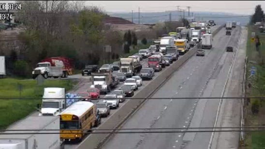 Traffic is building on Interstate 83 southbound lanes near Emigsville following a crash on Wednesday April 4, 2021.