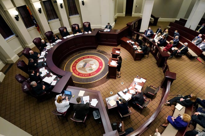 The Mississippi Supreme Court pictured during hearings in April 2021 in Jackson.