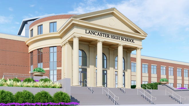 A 3D rendering of Lancaster High School's proposed new building, set to break ground in 2022 and open in January 2025.