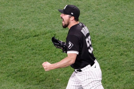 Chicago White Sox pitcher Carlos Rodon reacts after throwing a no-hitter vs. Cleveland.