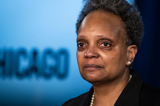 Mayor Lori Lightfoot discusses the videos of 13-year-old Adam Toledo, who was fatally shot by a Chicago police officer, during a news conference at City Hall, Thursday, April 15, 2021.