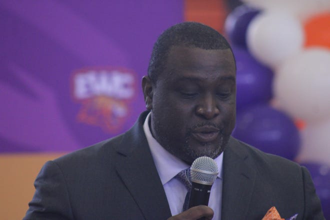 Toriano Morgan speaks during his introduction as Edward Waters College football coach on April 16, 2021. [Clayton Freeman/Florida Times-Union]