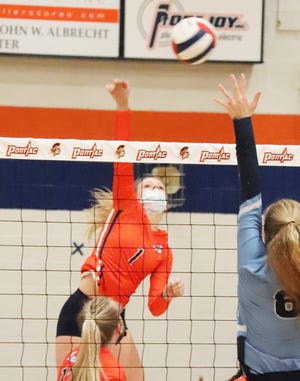 Pontiac's Brooke Fox, shown here against Prairie Central recently, had 21 kills as the Indians defeated Monticello Thursday.
