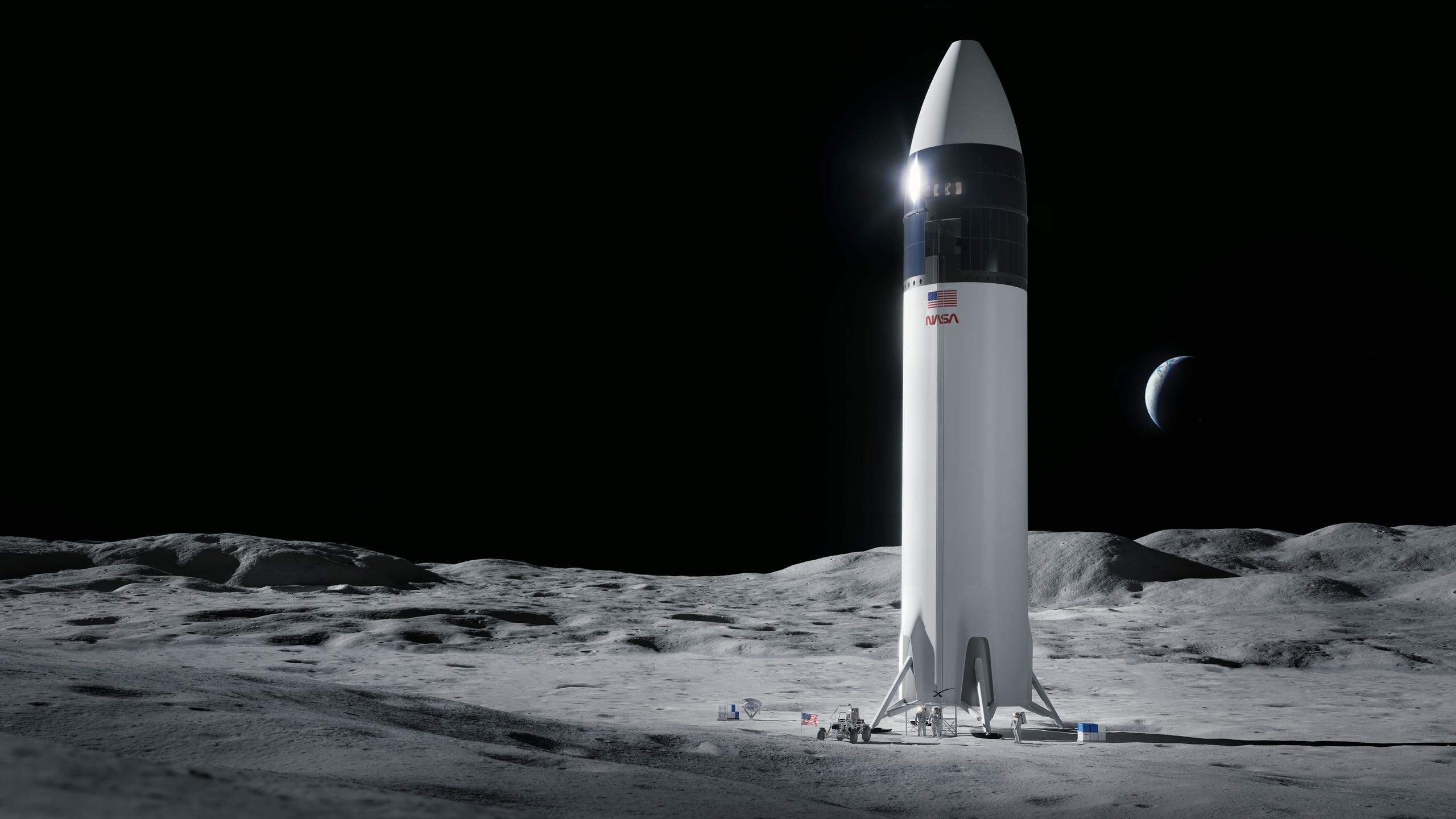 Illustration of SpaceX Starship human lander design that will carry NASA astronauts to the Moon's surface during the Artemis mission.