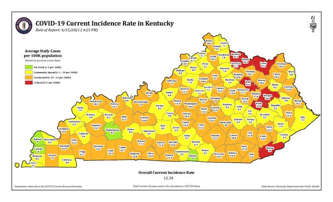 The COVID-19 current incidence rate map for Kentucky as of Thursday, April 15.