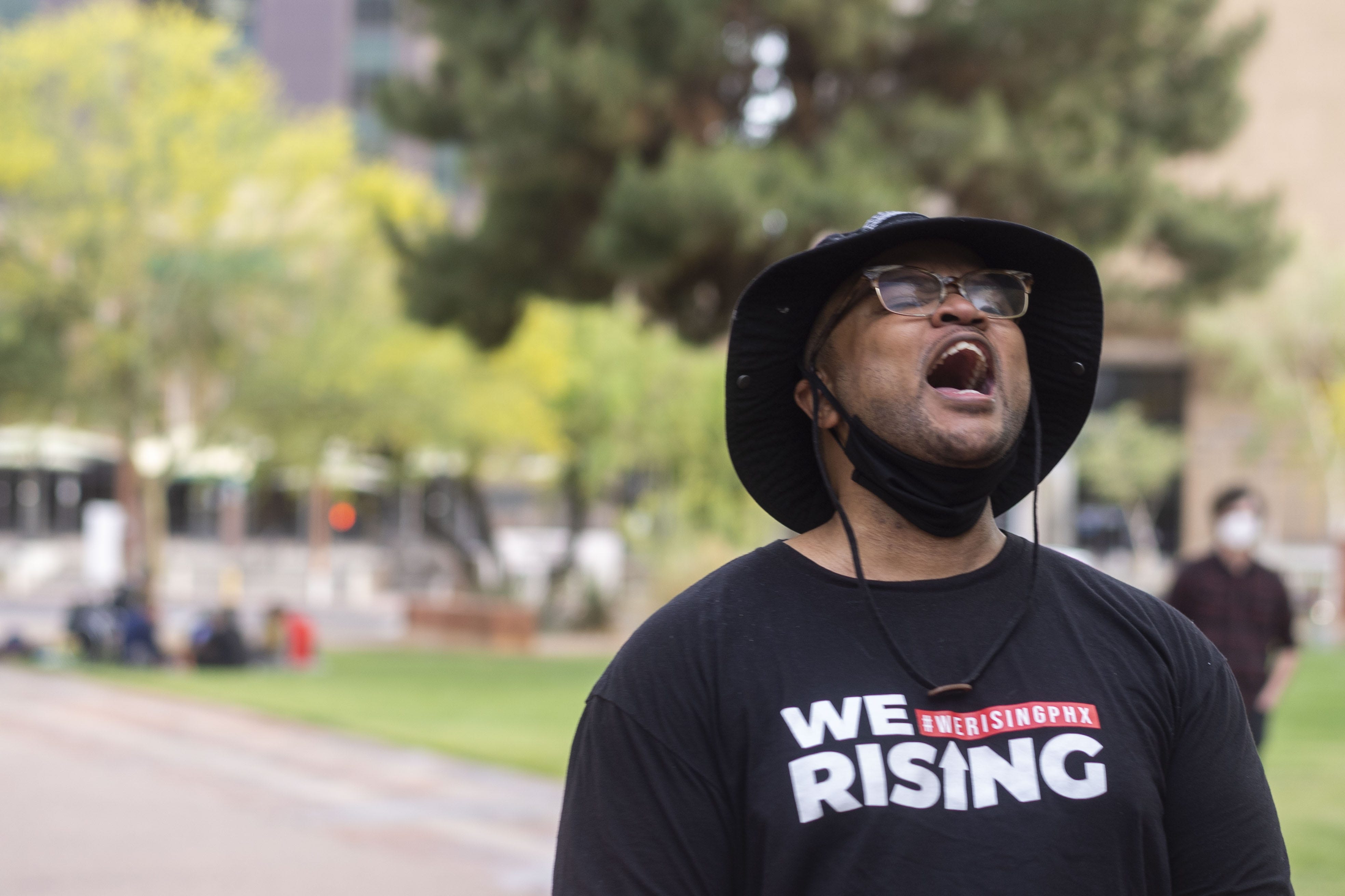 Jacob Raiford addresses the crowd at the rally against police brutality at Cesar Chavez Plaza at Phoenix City Hall on Washington Street in downtown Phoenix on April 15, 2021.