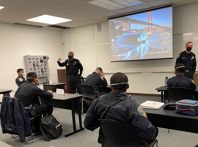 Lt. Michael Nevin (gesturing at left) is shown here in a training session for San Francisco Police Department officers. “No-news incidents are the great-news incidents,